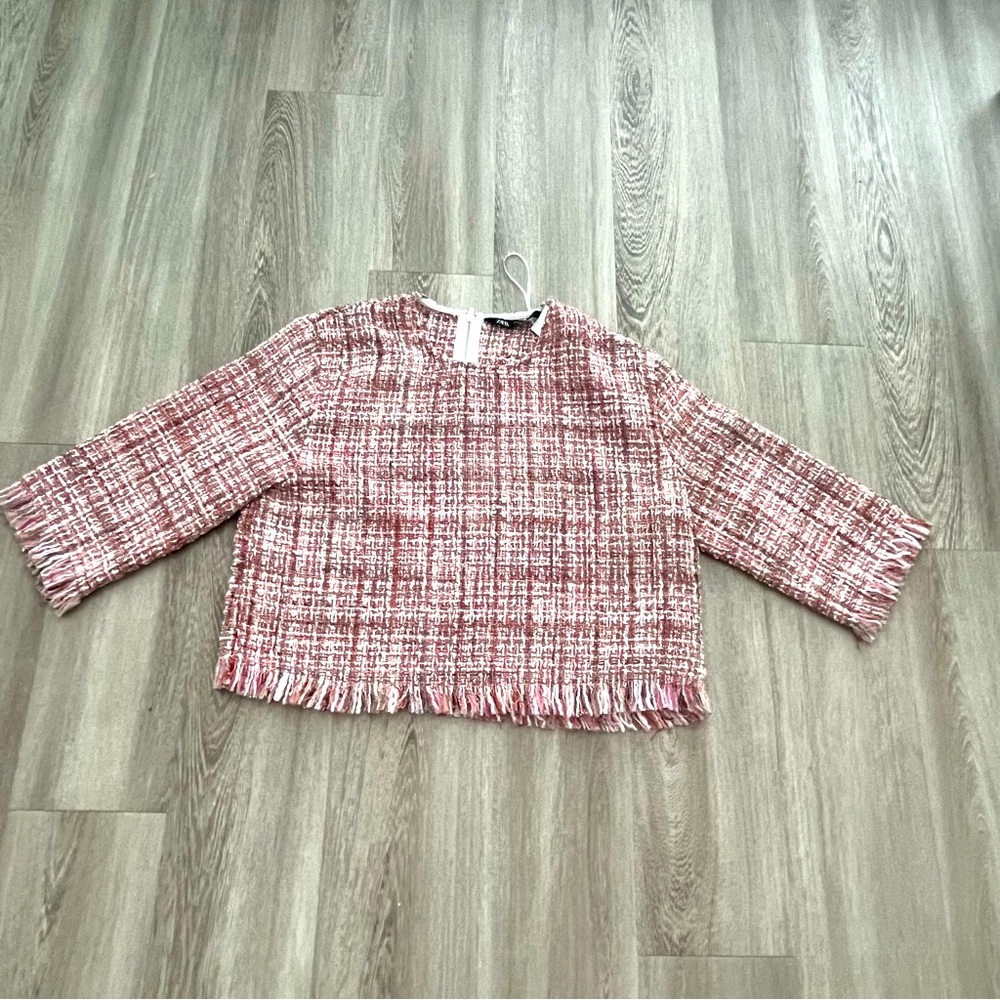 Zara pink tweed fringe top Size Medium